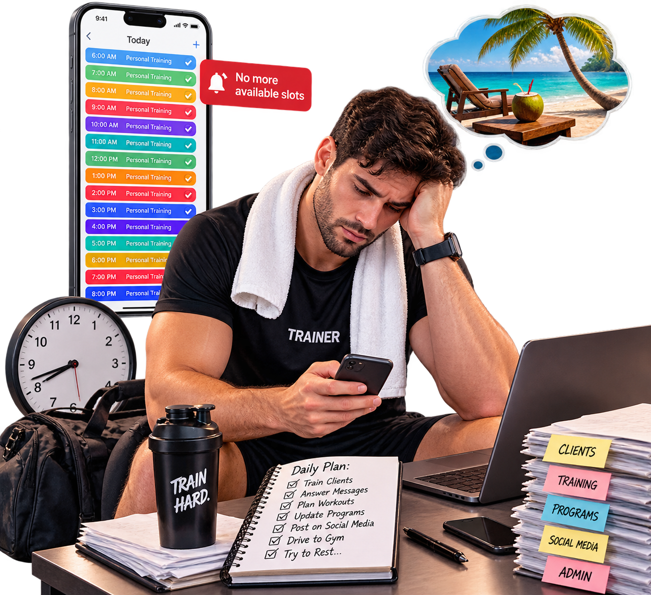 Personal trainer overwhelmed by a fully booked schedule