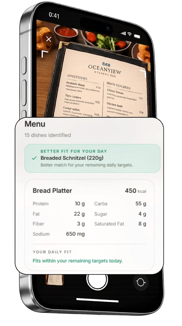NutriSEA app analyzing a restaurant menu with calories and macros per dish