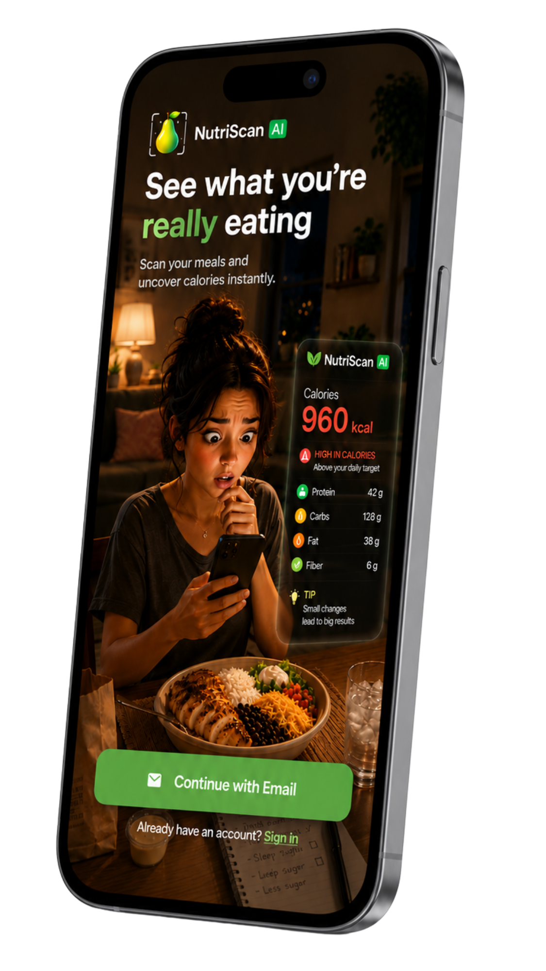NutriScan Foods AI app mockup on iPhone