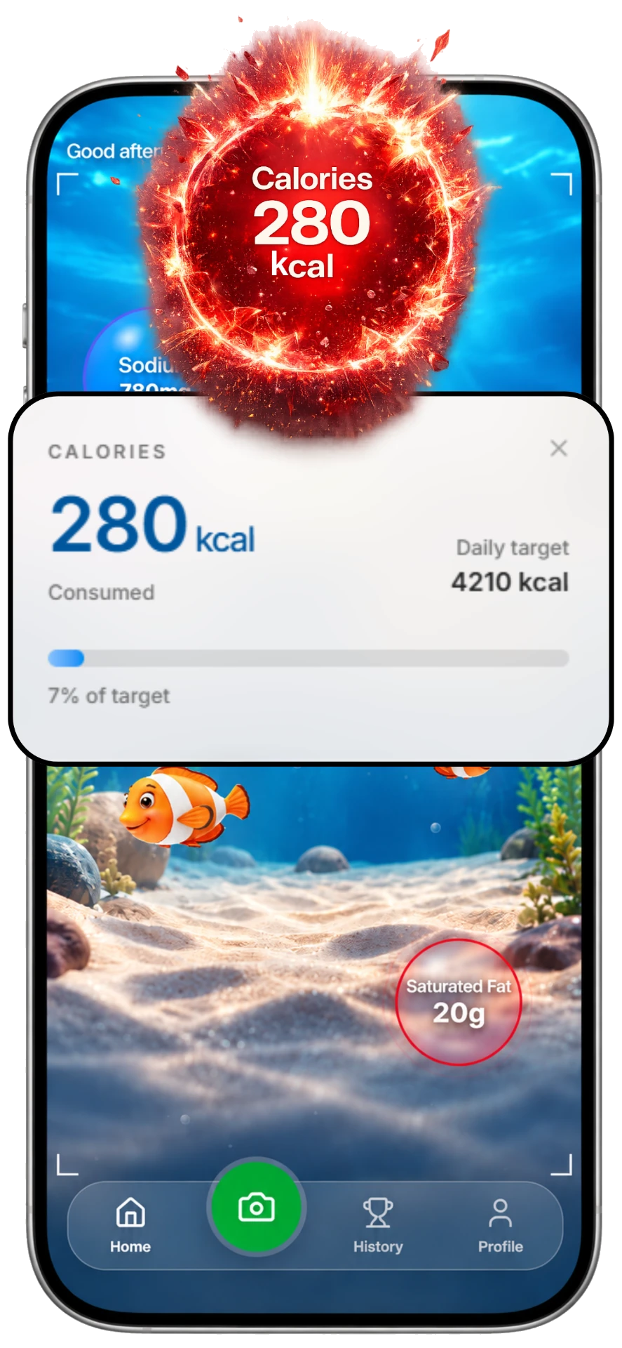 NutriSEA app showing daily calories consumed versus target