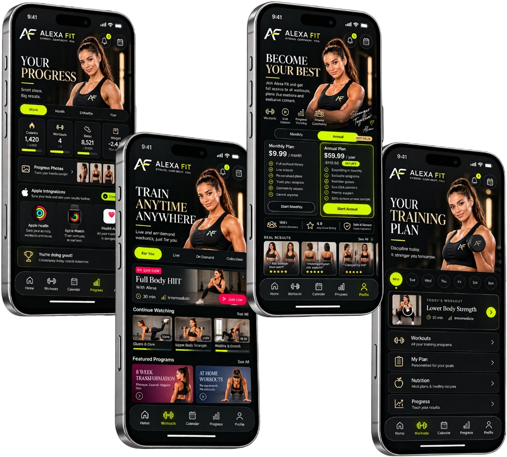 Alexa Fit app mockups showing progress, training plans, live classes and subscriptions on iPhone screens