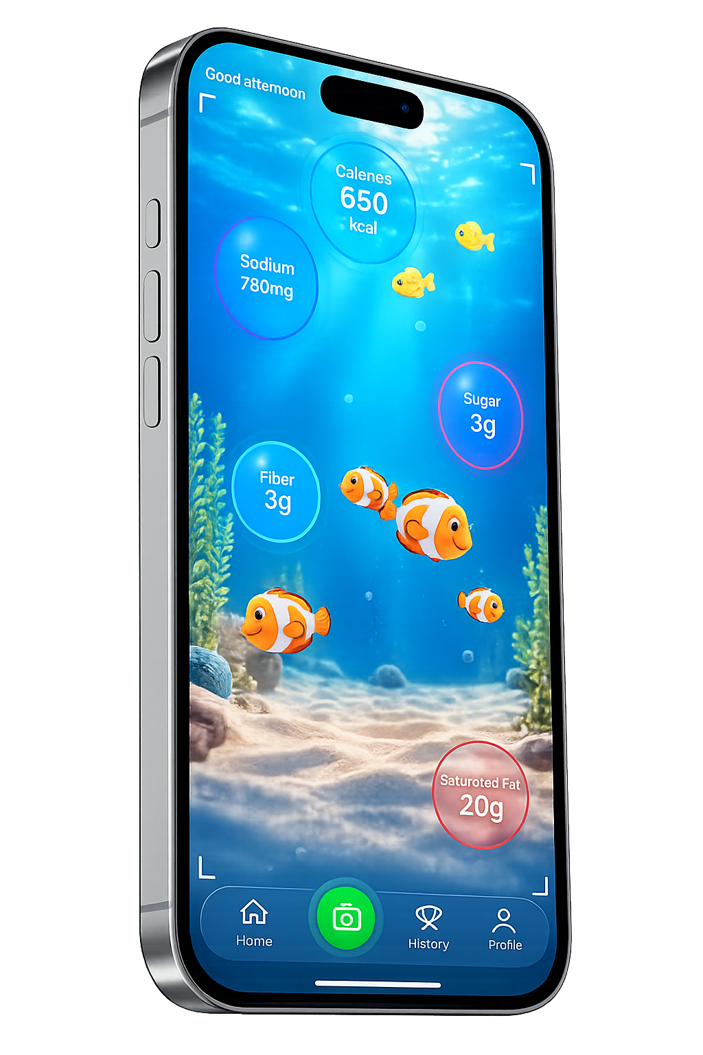 NutriSEA app showing an underwater nutrition dashboard with calories, sugar and sodium bubbles