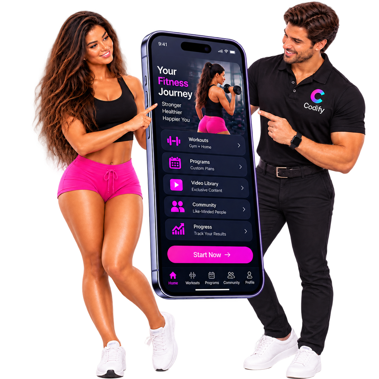 Personal trainer and Software Codefy partner with a branded fitness app on phone