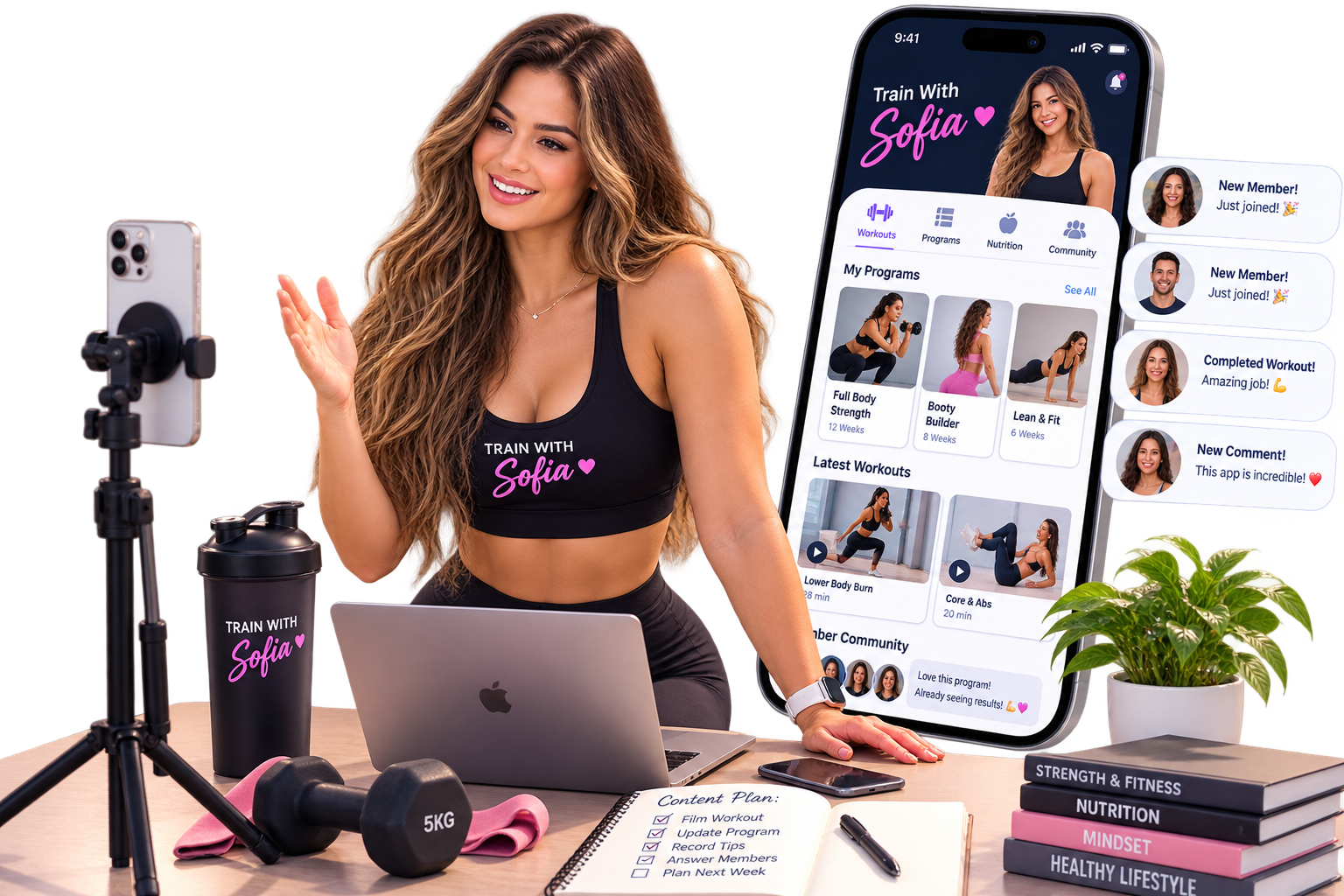 Fitness creator relaxing with her branded subscription fitness app