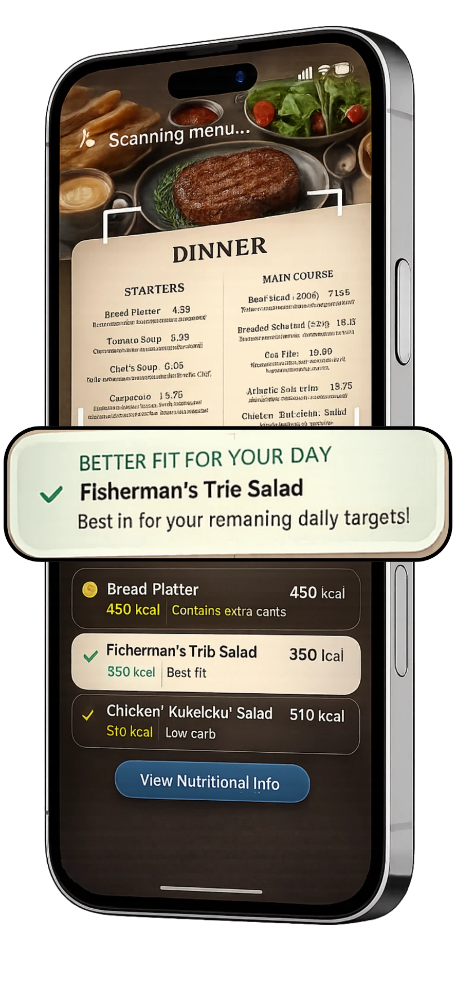NutriSEA recommending the best dish on the menu for your daily targets